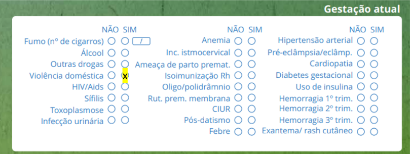 Formulário de ocorrências durante a gestação